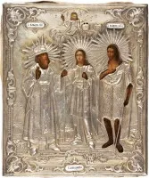 PATRONAGE ICON WITH THE HOLY BISHOPS PAUL, ALEXANDRA AND JOHN THE FORERUNNER WITH VERMEIL OKLAD