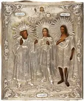 PATRONAATICON MET DE HEILIGE BISSCHOPPEN PAULUS, ALEXANDRA EN JOHANNES DE VOORLOPER MET VERMEIL OKLAD