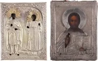 DEUX PETITES ICÔNES AVEC OKLAD : CHRIST PANTOKRATOR ET LES SAINTS DÉMÉTRIUS ET MÉTHODE