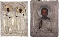 TWEE KLEINE ICONEN MET OKLAD: CHRISTUS PANTOKRATOR EN DE HEILIGEN DEMETRIUS EN METHODIUS