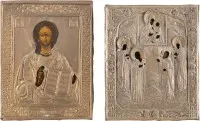 DEUX PETITES ICÔNES AVEC OKLAD : CHRIST PANTOKRATOR ET ICÔNE DE PATRONAGE