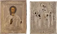 TWEE KLEINE ICONEN MET OKLAD: CHRISTUS PANTOKRATOR EN PATRONAATICON