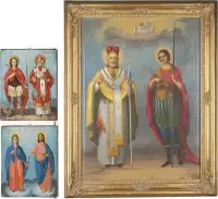 Twee iconen met de heilige Nicolaas van Myra en de heilige Joris