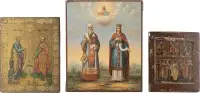 Drie iconen: kleine tweedelige icoon met deesis en heiligen, de heiligen Alexius metropoliet van Moskou en Alexandra, en de apostelen Petrus en Paulus