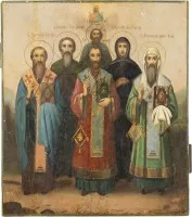 Large patronal icon with six selected saints, including Saint Michael, first Metropolitan of Kiev and all Rus