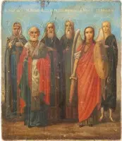 Icoon met zes gekozen heiligen, waaronder Olga, de aartsengel Michaël en Maria van Egypte
