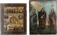 Twee iconen: patronaatsicoon met drie heiligen en feesticoon