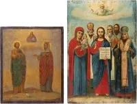 Twee grote iconen met Christus, de Moeder Gods en geselecteerde heiligen