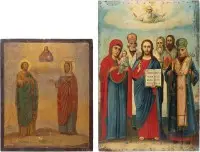 Twee grote iconen met Christus, de Moeder Gods en geselecteerde heiligen