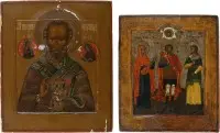 Twee iconen: de heilige Nicolaas van Myra en patroonicoon met drie heiligen