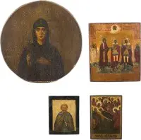 Vier kleine iconen met geselecteerde heiligen en de Ontslaping van de Moeder Gods