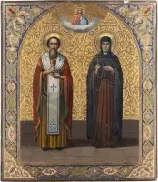 Gesigneerd icoon met de heiligen Basilius de Grote en Eudokia