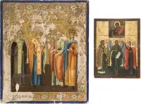 Twee patrooniconen met geselecteerde heiligen, waaronder Alexander Nevski, Johannes de Voorloper en Elisabeth