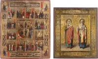 ZWEI IKONEN: PATRONATSIKONE MIT DEN HEILIGEN BARBARA UND BASILIUS DEM GROSSEN SOWIE FESTTAGSIKONE