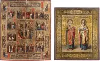 Twee iconen: patroonicoon met de heiligen Barbara en Basilius de Grote en een feesticoon