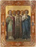 Gedateerde patroonicoon met de heiligen Alexandra, Julia, Alexander Nevski, Lydia en Evgeny