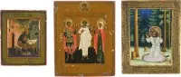 DREI KLEINFORMATIGE IKONEN: HEILIGER SERAFIM VON SAROW, EVANGELIST MATTHÄUS UND DER SCHUTZENGEL MIT ZWEI HEILIGEN