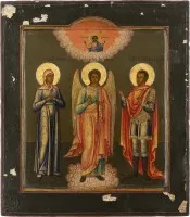 Groot patroonicoon met de beschermengel geflankeerd door de heiligen Paisios en Theodorus Tiro