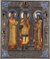 Fijn gedateerd patroonicoon met de heilige martelaar Arethas van Najran, geflankeerd door patriarch Athanasios en de eerbiedwaardige Ethiopische koning Elesbaan, met cloisonné-email riza