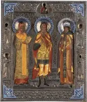 Fijn gedateerd patroonicoon met de heilige martelaar Arethas van Najran, geflankeerd door patriarch Athanasios en de eerbiedwaardige Ethiopische koning Elesbaan, met cloisonné-email riza