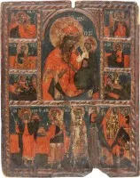 GROSSE IKONE MIT DER GOTTESMUTTER HODEGETRIA ENTOURIERT VON AUSGEWÄHLTEN HEILIGEN UND DER VERKLÄRUNG CHRISTI