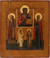 Patronaaticoon met Christus Pantocrator, de beschermengel en drie heiligen