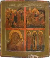 Viervelden-icoon met de Nederdaling ter helle, het Ontslapen van de Moeder Gods, de Moeder Gods van Kazan en heiligen