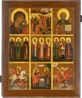 MONUMENTALE MEHRFELDER-IKONE MIT DER GOTTESMUTTER VON KASAN, DER HÖLLENFAHRT CHRISTI UND AUSGEWÄHLTEN HEILIGEN