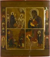 Viervelden-icoon met genadebeelden van de Moeder Gods en de Onthoofding van Johannes de Voorloper