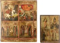 Twee viervelden-iconen met geselecteerde heiligen, Christus en de Moeder Gods