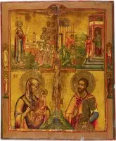 Grootformaat viervelden-icoon met genadebeelden van de Moeder Gods, de Onthoofding van Johannes de Voorloper en een krijgsheilige