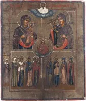 Viervelden-icoon met Christus, de Goede Stilte, genadebeelden van de Moeder Gods en heiligen