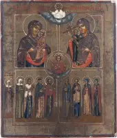 Viervelden-icoon met Christus, de Goede Stilte, genadebeelden van de Moeder Gods en heiligen