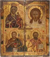 GROSSFORMATIGE VIERFELDER-IKONE MIT DER GOTTESMUTTER 'O VSEPETAJA MATI' (OH DU VON ALLEN GEPRIESENE MUTTER), DEM MANDYLION, JOHANNES DER VORLÄUFER UND DEM HEILIGEN NIKOLAUS VON MYRA