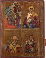 Viervelden-icoon met de Anastasis, afbeeldingen van de Moeder Gods en de heilige Nicolaas van Myra