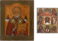 Twee iconen: meerveld-icoon met genadebeelden van de Moeder Gods en de heilige Nicolaas van Myra