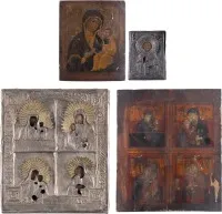 DREI IKONEN: HEILIGER NIKOLAUS VON MYRA, GOTTESMUTTER IWERSKAJA UND VIERFELDER-IKONE MIT GNADENBILDERN DER GOTTESMUTTER
