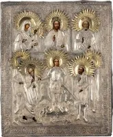 GROSSFORMATIGE VIERFELDER-IKONE MIT DER GOTTESMUTTER VON TICHWIN, CHRISTUS PANTOKRATOR, DEM HEILIGEN NIKOLAUS VON MYRA UND AUSGEWÄHLTEN HEILIGEN MIT SILBER-OKLAD