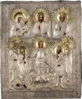 Groot vierpaneel icoon met de Moeder Gods van Tichvin, Christus Pantocrator, de heilige Nicolaas van Myra en geselecteerde heiligen met zilveren oklad