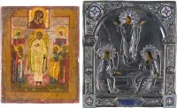 Twee kleine iconen: Opstanding van Christus met cloisonné-emaille oklad en patroonicoon met beschermengel en heiligen