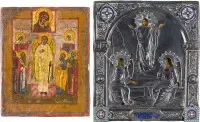 Twee kleine iconen: Opstanding van Christus met cloisonné-emaille oklad en patroonicoon met beschermengel en heiligen