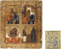 Viervelden-icoon met Christus Pantocrator, de Moeder Gods 'Zoektocht van de verlorenen' en heiligen, en bronzen icoon met de heilige Demetrius