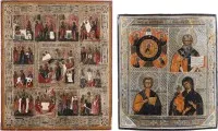Twee iconen: viervelden-icoon met het Alziend Oog van God, heiligen en de Moeder Gods Tricheirousa en een feesticoon
