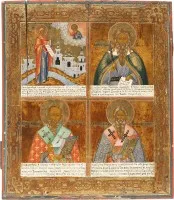 FEINE VIERFELDER-IKONE MIT DER GOTTESMUTTER BOGOLUBSKAJA, DEM PROPETHEN ELIAS UND DEN HEILIGEN NIKOLAUS VON MYRA UND BASILIUS DEM GROSSEN