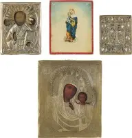 Drie iconen en een bronzen icoon met genadebeelden van de Moeder Gods en de heilige Nicolaas van Myra