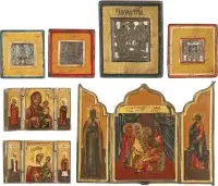 Drie triptieken met de Geseling van Christus en iconen van de Moeder Gods, plus vier bronzen iconen