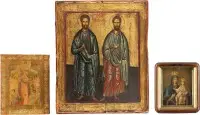 Drie iconen: genadebeelden van de Moeder Gods en de heiligen Cosmas en Damianus