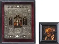 Twee religieuze voorstellingen: de heilige Nicolaas van Myra en de kruisiging van Christus met heiligen