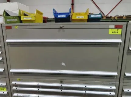 2 tool cabinets, approx. 100 x 54 cm, 2 drawers, contents: various gauge bands, 1 tool cabinet, approx. 100 x 100 cm, 10 drawers, contents: various bolts, fitting screws, pullers, springs, etc.