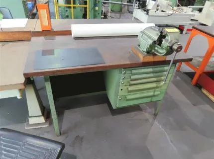 1 workbench, approx. 150 x 75 cm, with base cabinet, 5 drawers, mounted vise, 1 office chair
